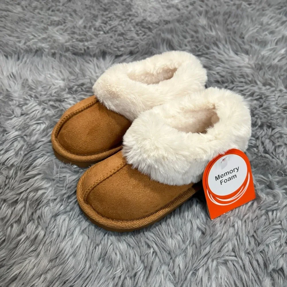 Wonder‎ Nation Toddler Fur Lined Slippers Brown Soft Girls 7/8c NEW